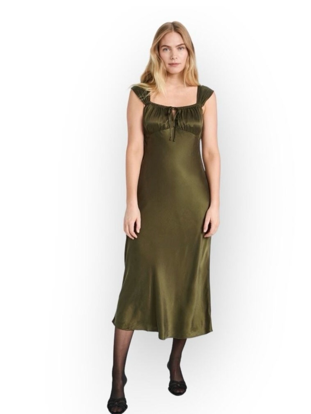 Madewell Square neck Midi Dress women Green Satin Wide Strap Gathered size 4 NWT